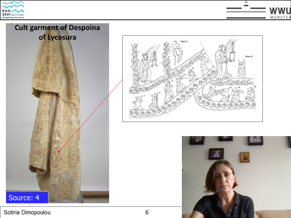 Figure 3 Presenter Sotiria Dimopoulou (University of Münster, PhD cand. of Classical Archaeology) explains decorations that show ritual activity on a cult garment of Despoina of Lycosura.