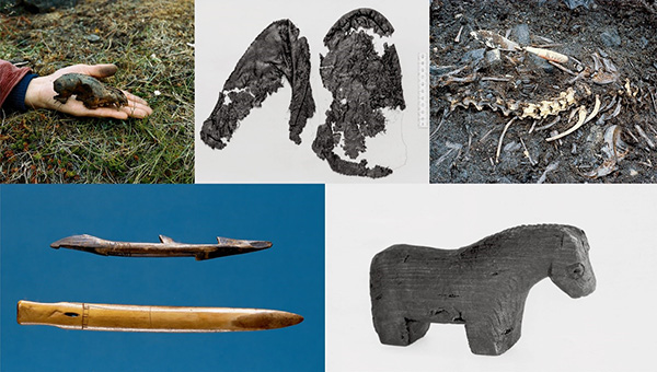 Figure 2 Examples of midden finds from Greenland.  The top three photos are from Qeqertarsuaq, Disko Bay, West Greenland; from left to right, these show (1) fox skull with cut marks; (2) the inner sock of a Saqqaq kamik (moccasin); (3) complete skeleton of a ringed seal.  The two bottom photos are from southwest Greenland: at left are two hunting implements made from caribou antler (top) and walrus ivory (bottom) and at right is an early Thule toy horse made from wood found at a Norse farm (ca. 1300). © National Museum of Denmark.